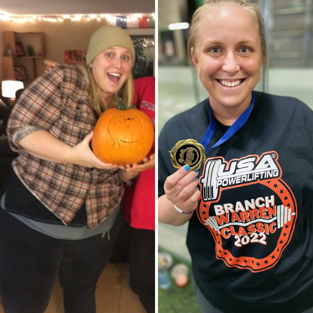 Before and after weight loss holding pumpkin & winning lifting competition